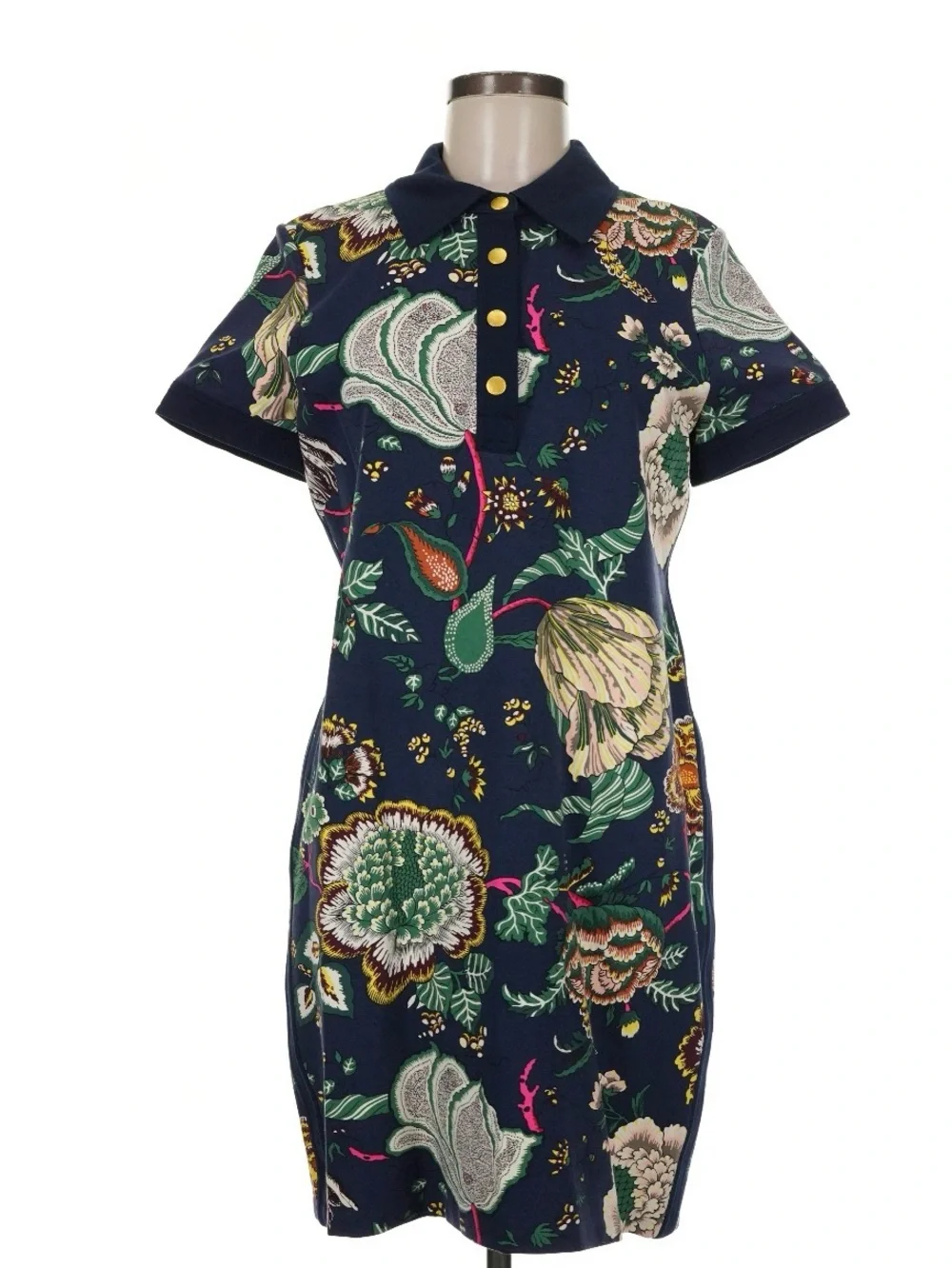 Tory Burch Stretch Ponte Polo Dress Happy Times Floral Gold Navy Pink Medium
